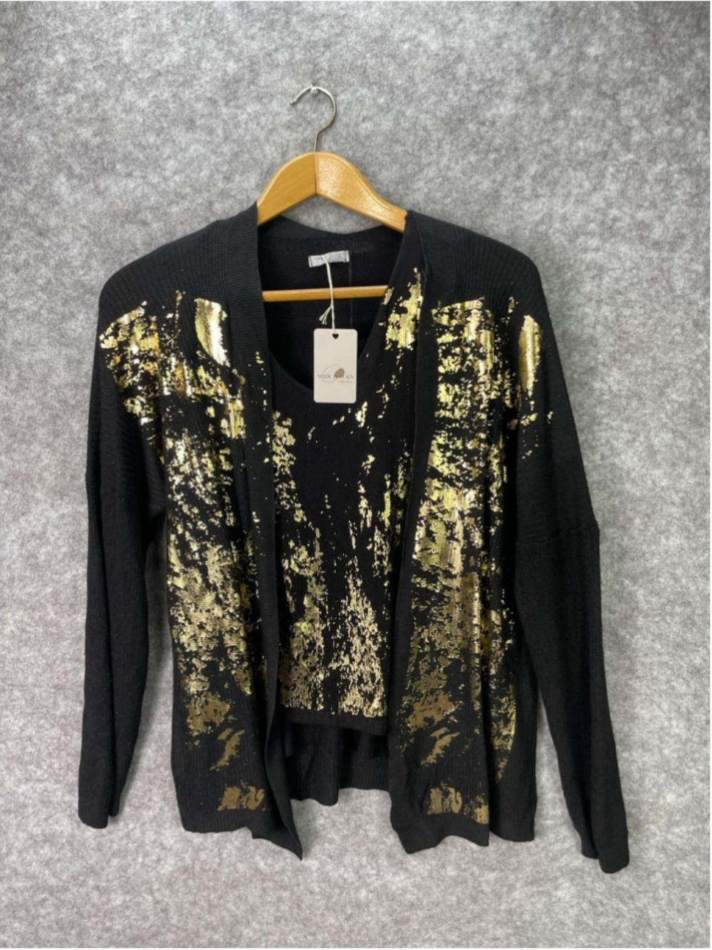 Made In Italy Sweater Tank Set Womens One Size Black Gold Metallic Glitter Knit